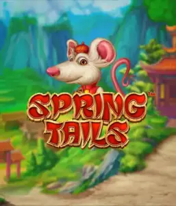 A charming illustration of a mouse wearing a red traditional Chinese outfit standing in a scenic landscape with mountains. The image is for the Spring Tails Slot by Betsoft, highlighted with striking red and gold logo lettering.